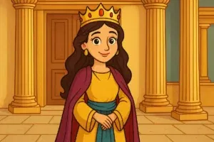 Queen Esther stands in front of the palace